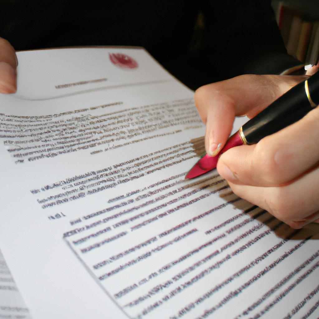 Person reading legal document, signing
